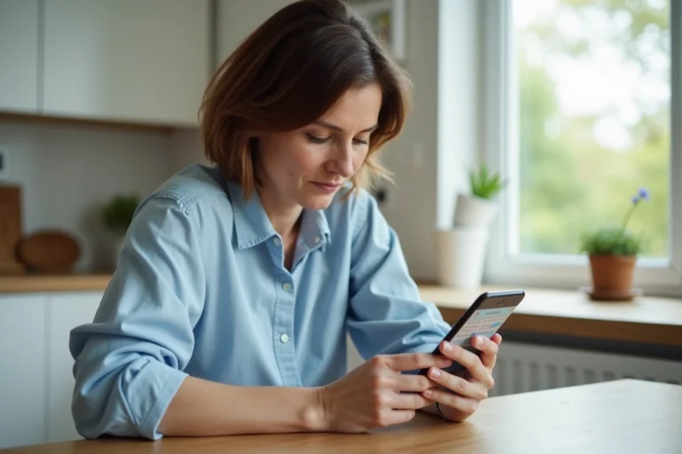 Femme diabétique consultant une application de gestion du diabète et de l'insuline sur smartphone à la cuisine