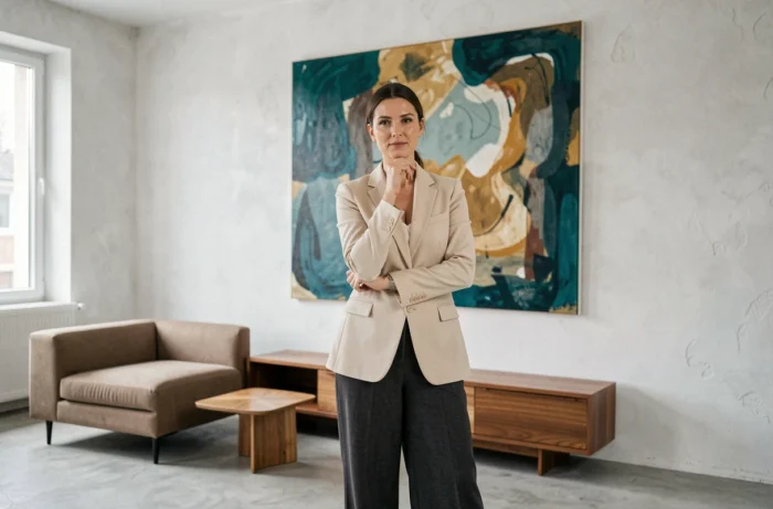 Femme élégante contemplant une œuvre d'art contemporaine dans un appartement parisien minimaliste aux murs en plâtre blanc et sol en béton