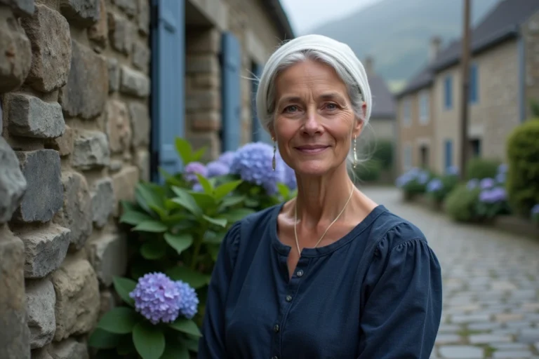 Femme bretonne en costume traditionnel avec coiffe blanche devant un mur en granit d'un village du Finistère entouré d'hortensias