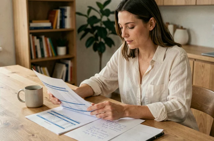Femme analysant son budget personnel avec des feuilles de calcul sur une table en bois dans un intérieur moderne