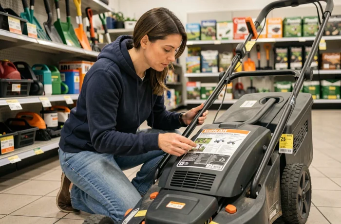 Femme comparant les prix et caractéristiques d'une tondeuse électrique dans un magasin de jardinage, aidant à comprendre les facteurs influençant le tarif