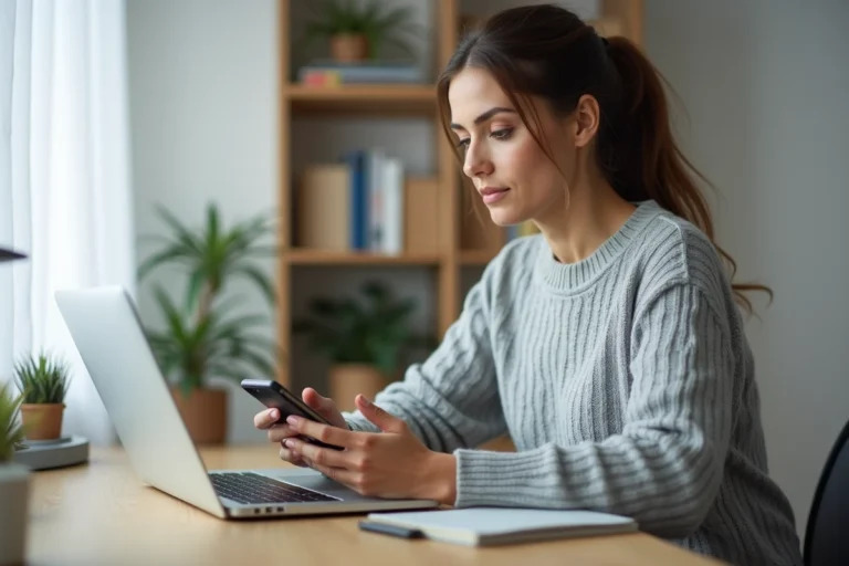Femme comparant des solutions bancaires en ligne sur laptop et smartphone dans un bureau à domicile moderne