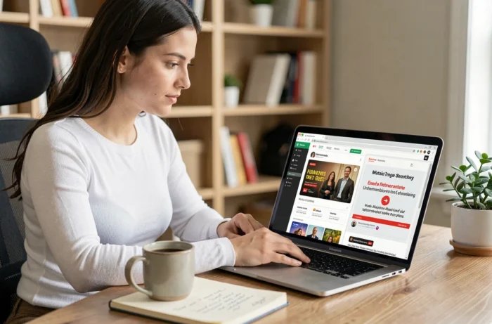 Jeune femme comparant un site de streaming légal et un site illégal sur son ordinateur portable, symbolisant les risques et avantages des plateformes de streaming