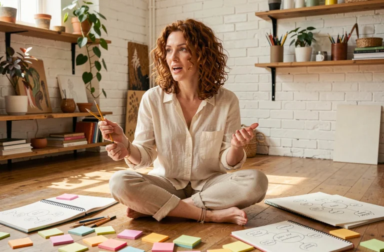 Femme créative entourée de notes colorées dans un atelier bohème, stimulant sa créativité par le brainstorming verbal