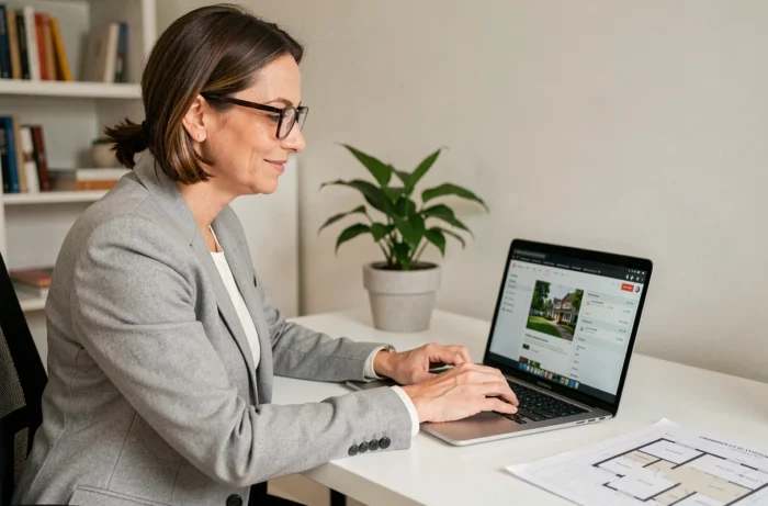 Femme professionnelle consultant des documents immobiliers en ligne depuis son bureau à domicile