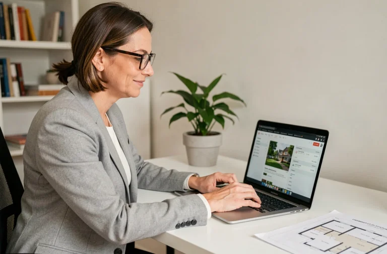 Femme professionnelle consultant des documents immobiliers en ligne depuis son bureau à domicile