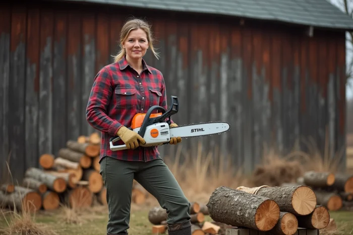 Femme en tenue de protection tenant une tronçonneuse Stihl en position de démarrage sécurisée dans un jardin rural