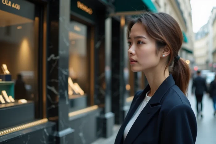 Femme élégante admirant la vitrine d'une boutique Tiffany and Co dans une rue commerçante parisienne chic