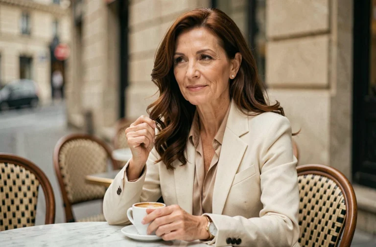 Femme élégante dans la cinquantaine savourant un café en terrasse parisienne, regards discret et sourire intérieur, style raffiné