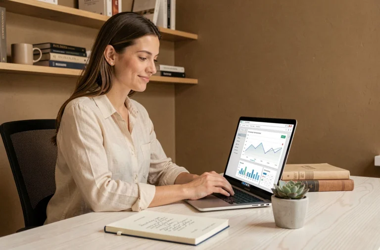 Femme entrepreneur travaillant sur son business en ligne depuis un bureau à domicile minimaliste