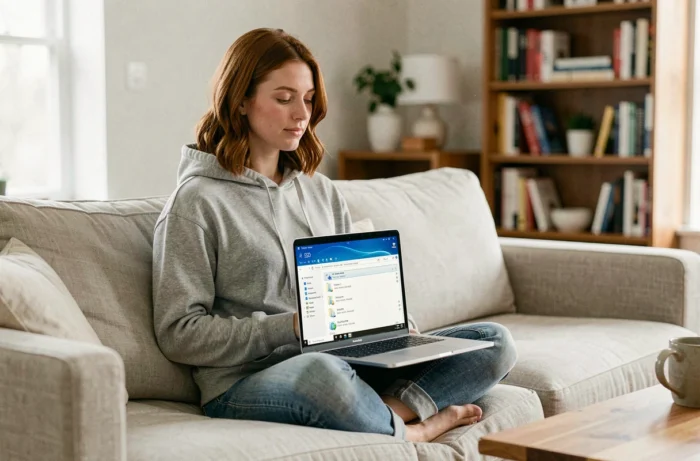 Jeune femme naviguant dans les dossiers cachés de Windows 10 sur son ordinateur portable depuis son salon