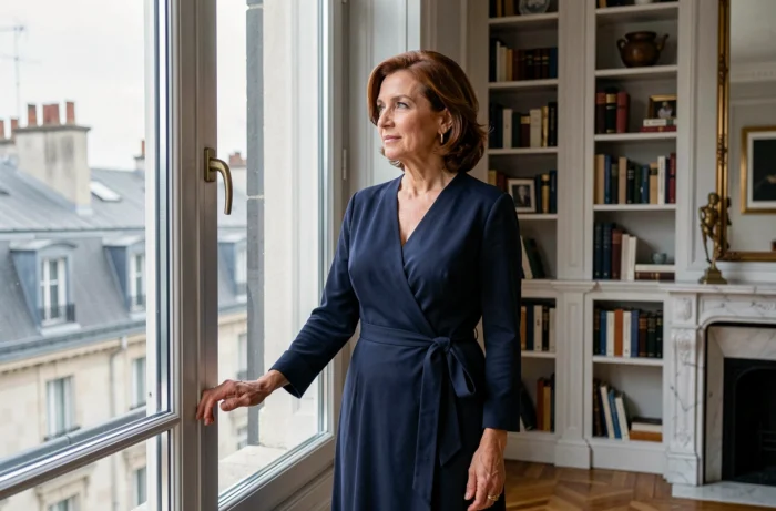Femme pensive et élégante debout près d'une fenêtre dans un appartement haussmannien, regard introspectif évoquant une vie sentimentale discrète