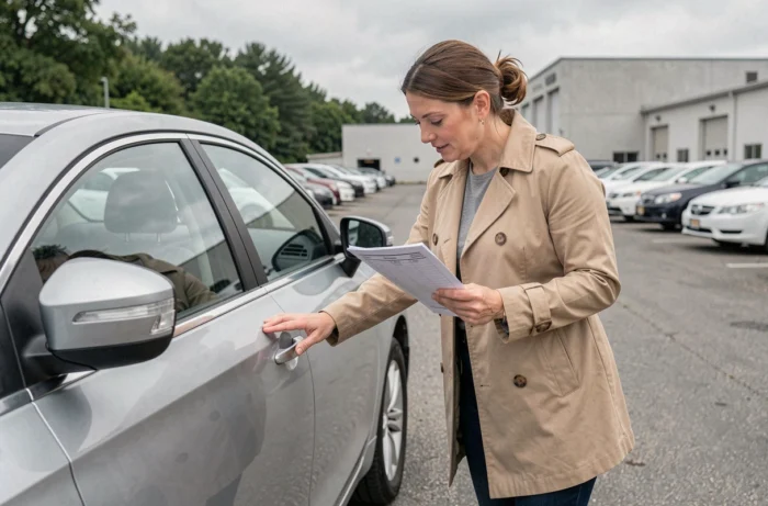 Une femme inspectant une voiture lors d'une visite avant vente aux enchères automobile