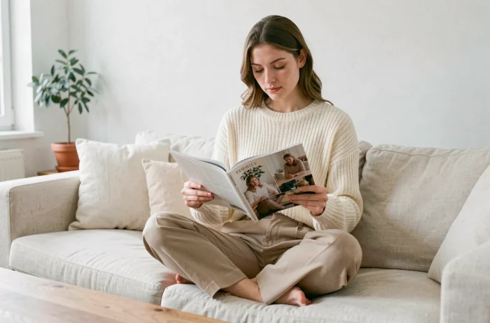 Jeune femme lisant un magazine féminin sur un canapé en lin dans un salon scandinave épuré