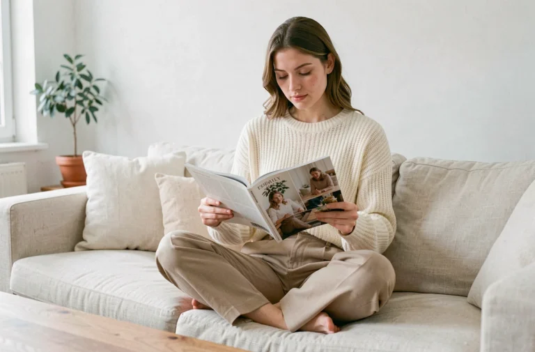 Jeune femme lisant un magazine féminin sur un canapé en lin dans un salon scandinave épuré