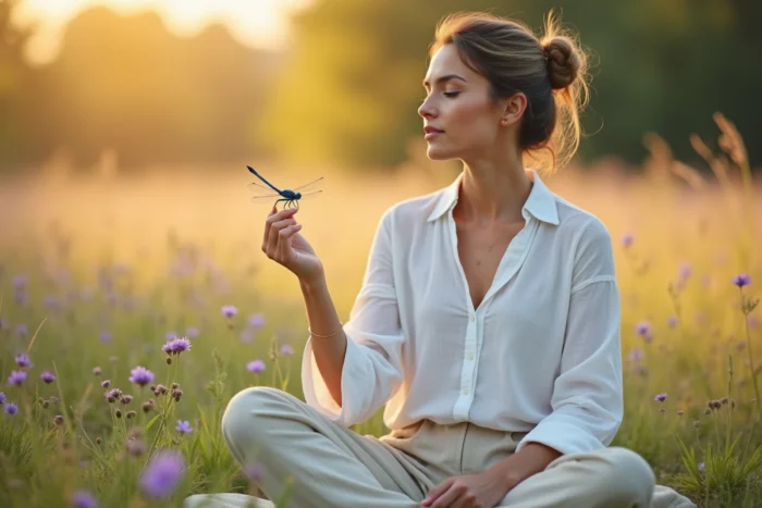 Femme en méditation dans une prairie avec une libellule bleue sur son doigt, évoquant la signification énergétique et spirituelle de l'insecte
