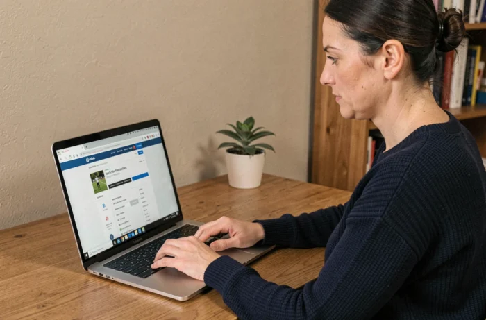 Femme naviguant sur la carte du site Az Sport depuis un ordinateur portable dans un bureau à domicile