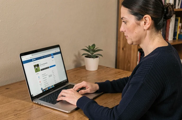Femme naviguant sur la carte du site Az Sport depuis un ordinateur portable dans un bureau à domicile