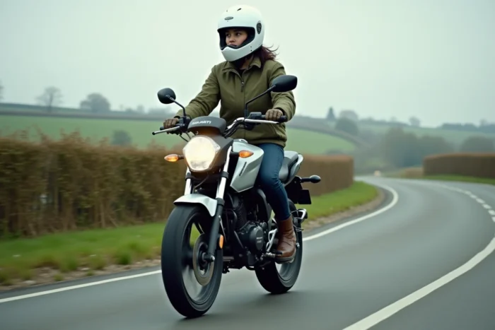 Jeune femme en veste verte conduisant une Honda Dax ST 125 sur une route de campagne française, casque blanc et tenue de pilote décontractée