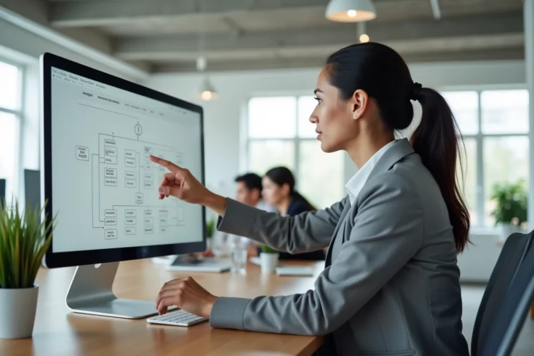 Une femme professionnelle pointant un diagramme de sitemap sur un écran d'ordinateur dans un bureau moderne