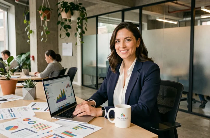 Femme professionnelle analysant des données marketing sur ordinateur dans un bureau moderne et créatif