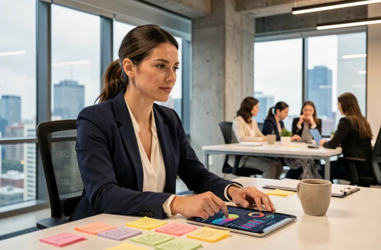 Femme professionnelle analysant une stratégie de marketing digital sur tablette dans un bureau moderne