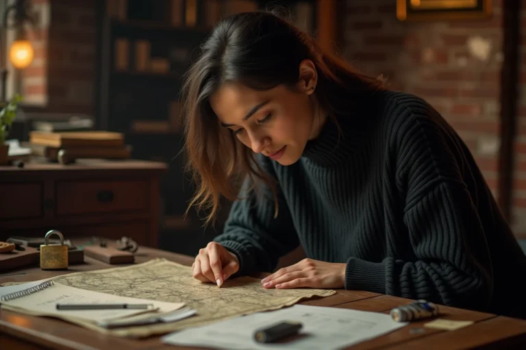 Femme concentrée résolvant des énigmes de jeu d'évasion Room avec des notes manuscrites et un cadenas vintage sur une table en bois