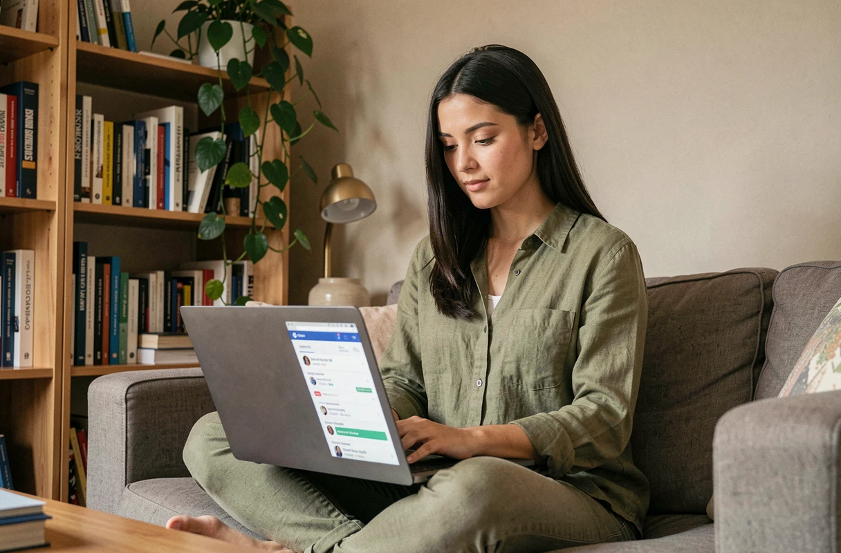 Jeune femme travaillant sur une stratégie de visibilité en ligne depuis un bureau à domicile avec un ordinateur portable