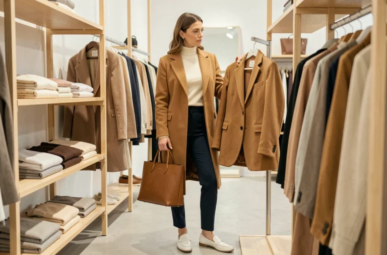 Femme stylée en manteau camel feuilletant des vêtements dans une boutique de mode minimaliste