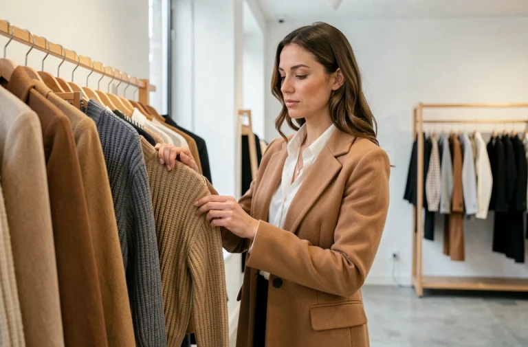 Femme élégante parcourant un portant de vêtements dans une boutique de mode parisienne minimaliste