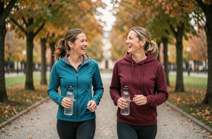 Deux femmes marchant en plein air dans un parc urbain, mode de vie actif et bien-être physique au quotidien