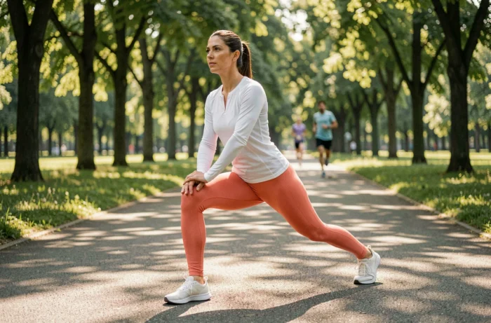 Femme effectuant une fente latérale en plein air dans un parc pour étirer et affiner les hanches dans le cadre d'un programme fitness de deux semaines