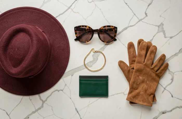 Flat lay d'accessoires tendance saison automnale sur marbre blanc — chapeau, lunettes, collier doré, gants en suède
