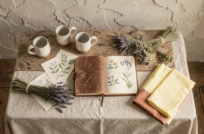 Flat lay artisanal avec carnets de croquis, céramiques faites main, fleurs séchées et textiles doux évoquant l'univers printanier d'une marque créative