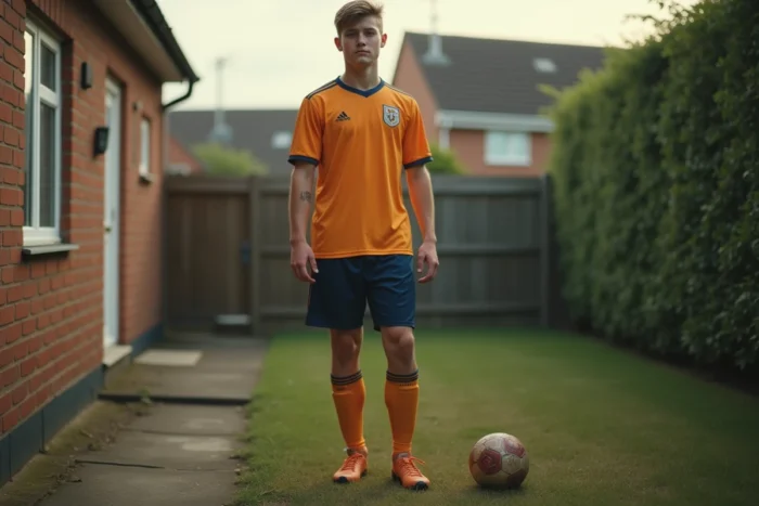 Jeune footballeur en tenue de football devant une maison familiale de banlieue évoquant ses origines et son parcours