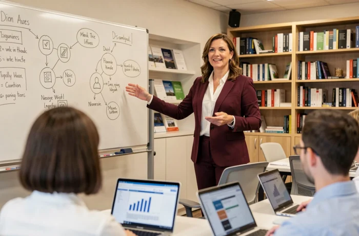 Formatrice professionnelle animant une session de développement des compétences devant un groupe d'employés en entreprise