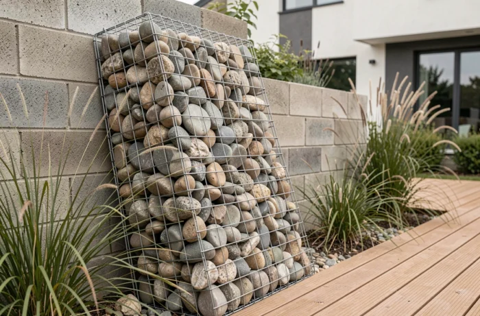 Gabion décoratif rempli de galets adossé à un mur en parpaing dans un jardin contemporain