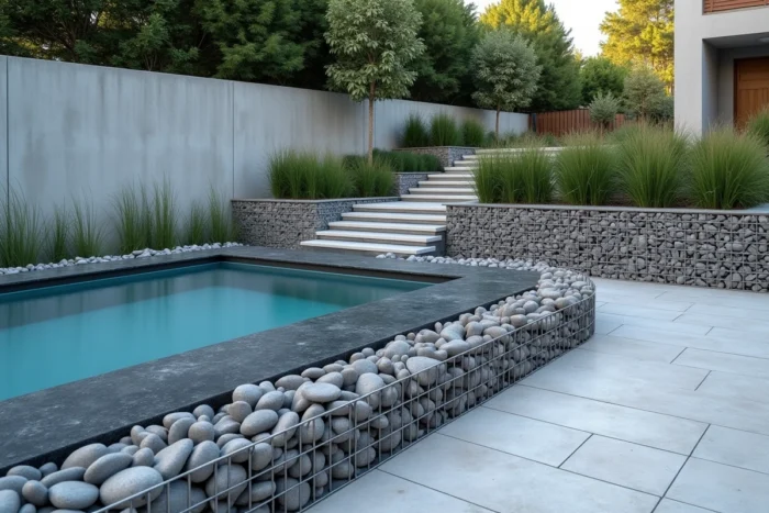 Gabions décoratifs remplis de galets encadrant une piscine hors sol dans un jardin contemporain