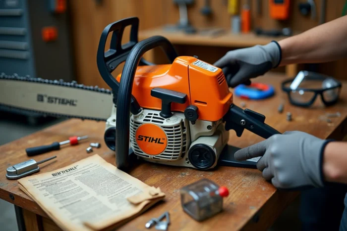 Gros plan sur les commandes de démarrage d'une tronçonneuse Stihl posée sur un établi avec manuel et équipements de sécurité