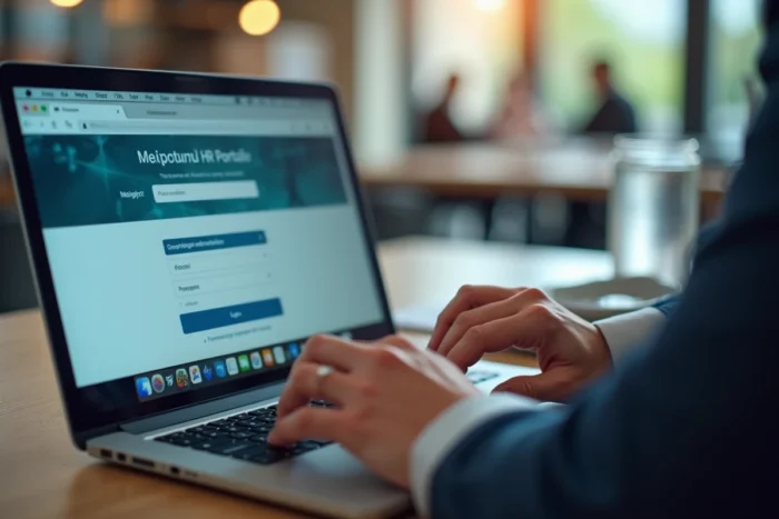 Gros plan sur les mains d'un salarié Cooperl saisissant ses identifiants sur le portail web RH