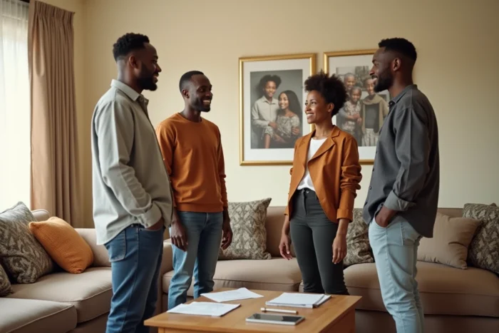 Groupe familial d'adultes d'origine est-africaine dans un salon, évoquant les liens familiaux et la vie domestique privée