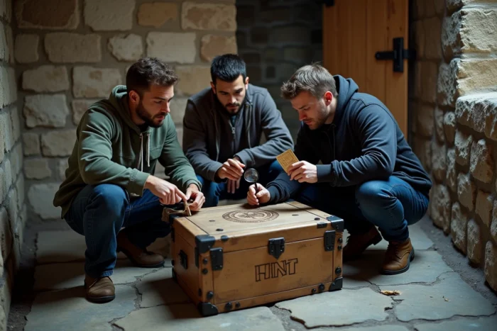 Groupe de joueurs adultes collaborant sur un puzzle de jeu Room dans un décor de salle d'évasion en pierre