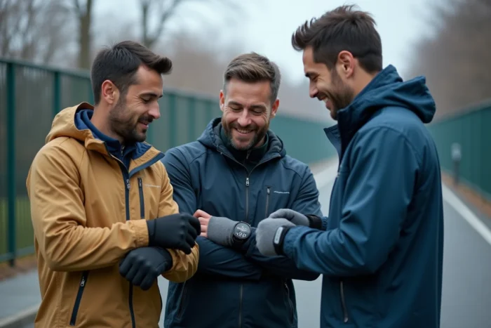Groupe de sportifs comparant leurs montres GPS et équipements de running en plein air