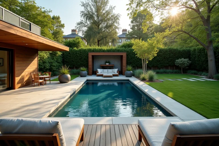 Vue d'ensemble d'une piscine hors sol élégamment habillée dans un jardin résidentiel bien aménagé