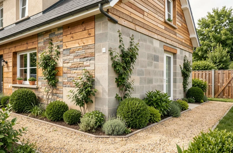 Mur extérieur en parpaing habillé avec différentes techniques décoratives dans un jardin de maison individuelle