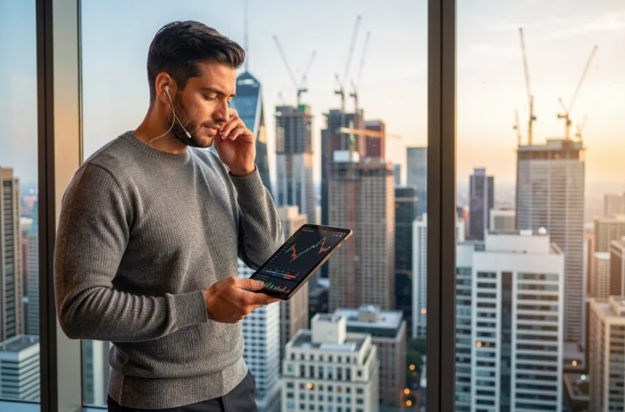 Homme d'affaires consultant des graphiques boursiers sur tablette devant un panorama de gratte-ciels du quartier financier
