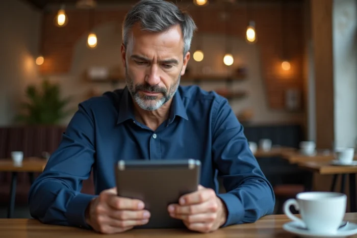 Homme d'affaires consultant une application bancaire sur tablette dans un café urbain moderne