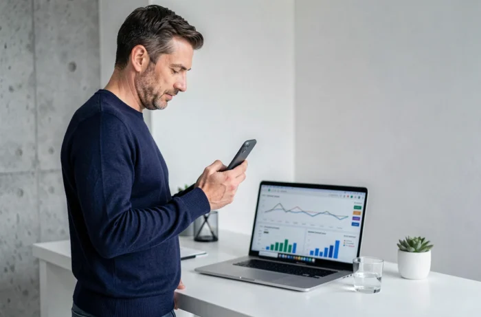 Homme consultant une application de finances personnelles sur smartphone dans un bureau minimaliste à domicile