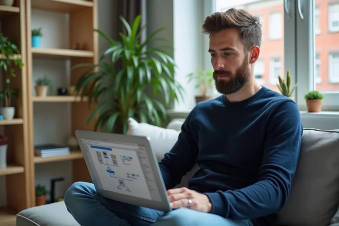 Un homme travaillant sur un plan de navigation de site web depuis son bureau à domicile avec un ordinateur portable