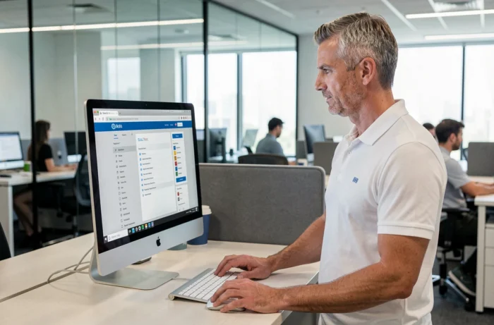 Homme consultant la carte du site Az Sport sur un grand écran dans un bureau professionnel moderne